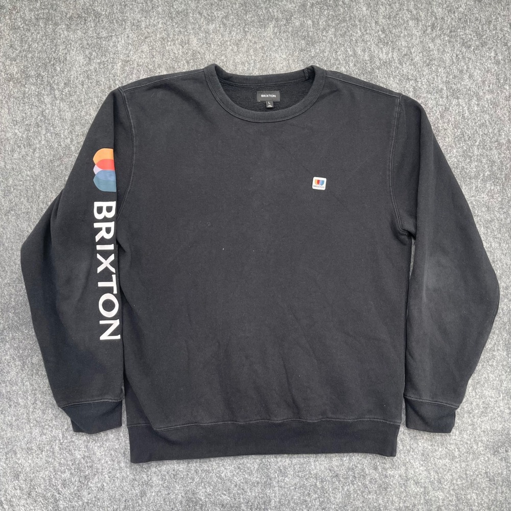 Brixton Sweatshirt Mens Large Black Crewneck Sleeve Logo Graphic Pullover